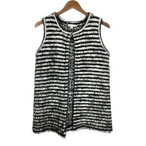 Spense | Black & White Stripe Fuzzy Eyelash Knit Sleeveless Cardigan SweaterVest